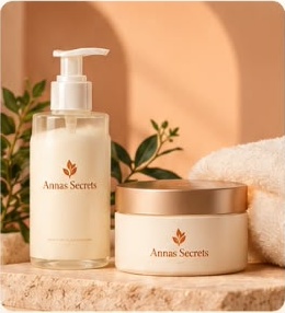 Skincare products with Annas Secrets label